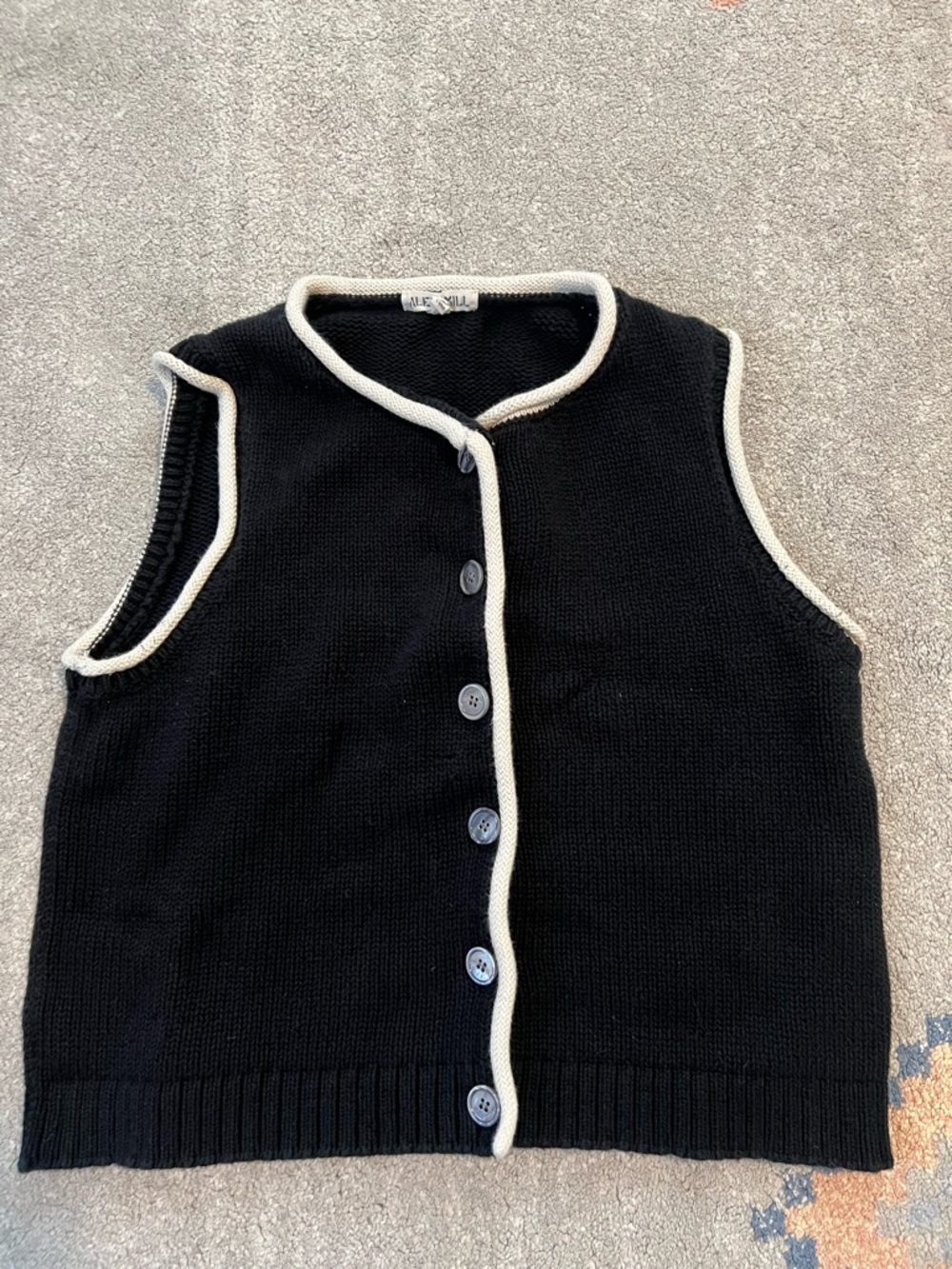 Alex Mill Black Knit Button-Up Vest with Cream Trim